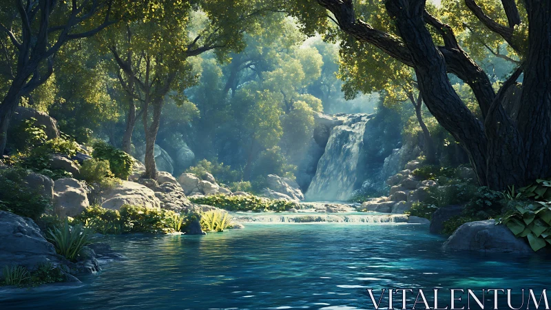 Waterfall Cascades Through Ancient Forest Valley.