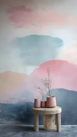 Wooden stool with pink vases before abstract color wall.