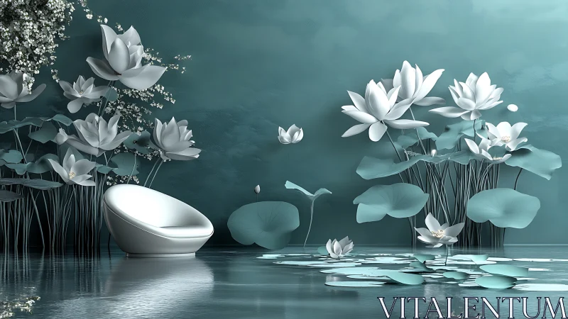 Parametric lotus lounge in reflective aqua interior environment.