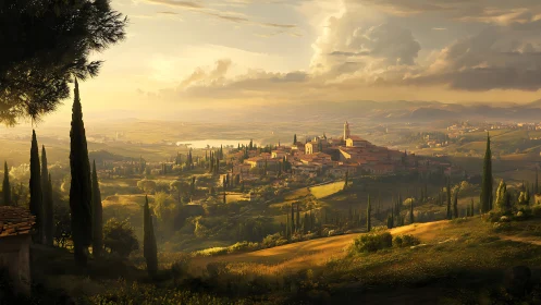 Sunlit hilltown drifts through golden Tuscan afternoon haze
