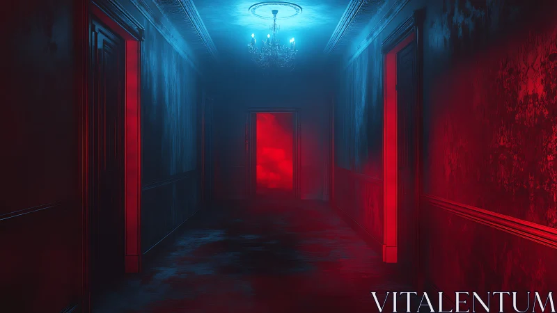 Long corridor shows red backlit doorway under blue chandelier