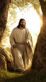 Radiant robed figure walking through sunlit olive grove.