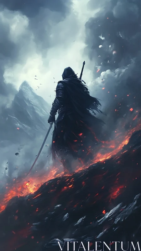 Lone shadowed warrior walking through storm and fire.