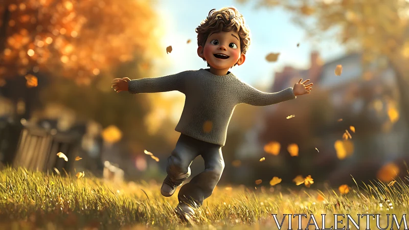 Joyful 3D child running through golden autumn park scene.