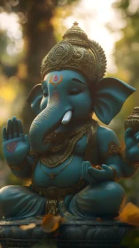 Serene blue Ganesha idol blessing a garden of soft light.
