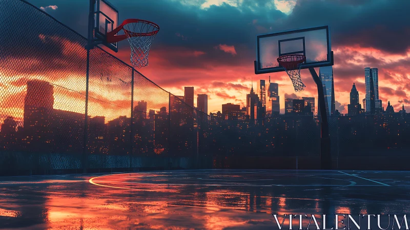 City basketball court glows under dramatic sunset sky