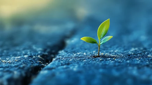 Green seedling breaks blue asphalt, symbolizing renewal