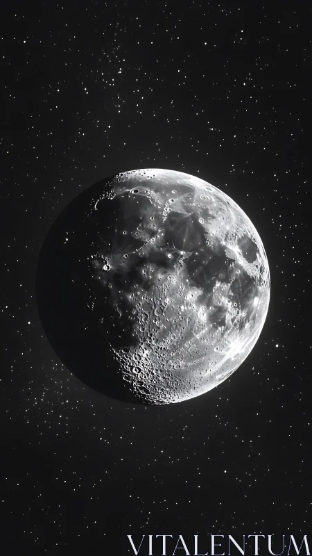 Luminous half moon amid dense starlit cosmic field.