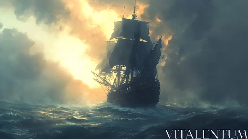 Sailing ship on turbulent ocean under dense storm clouds.