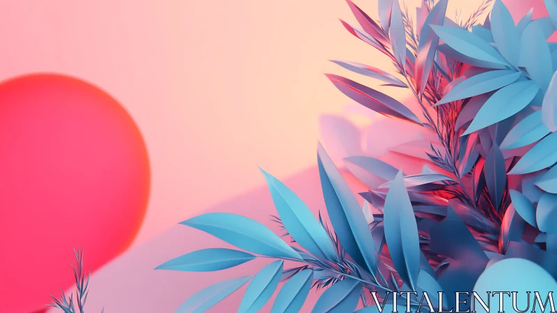 Soft gradient sun with stylized blue foliage in focus.