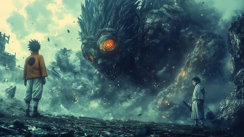 Cinematic anime standoff against colossal chakra-formed monster