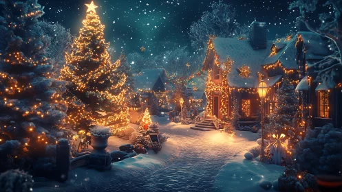 Snowy village street with glowing Christmas lights at night.