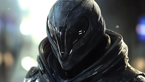 Sleek biomechanical android portrait in moody bokeh light.