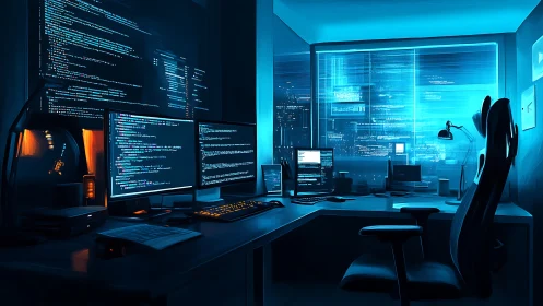 Glowing programmer workspace invites late night coding focus