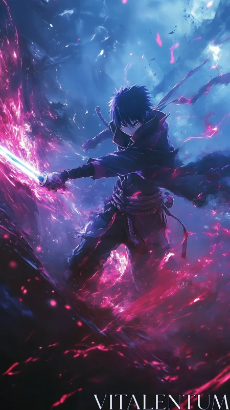 Dark swordsman unleashes neon energy in stormy ravine