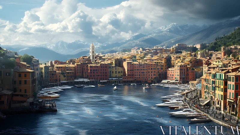 Harbor settlement surrounds calm bay under layered cloud cover