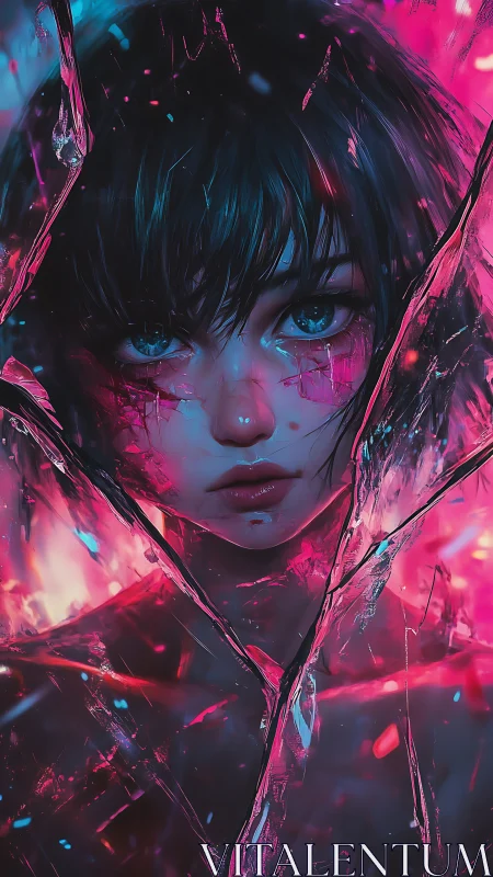 Portrait shows digital figure framed by fractured glass shards