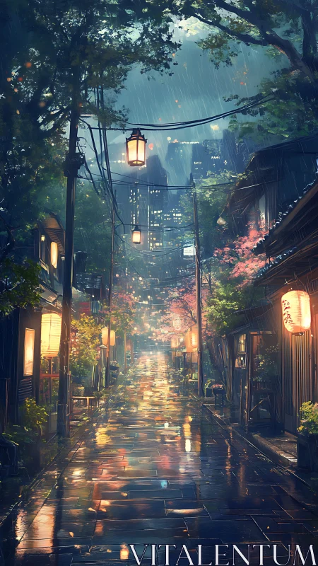 Rain-soaked neo-Tokyo alley with lantern reflections at dusk.