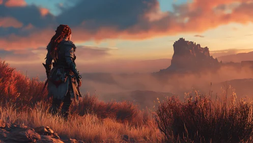 Warrior overlooking misty mesa under blazing sunset sky.