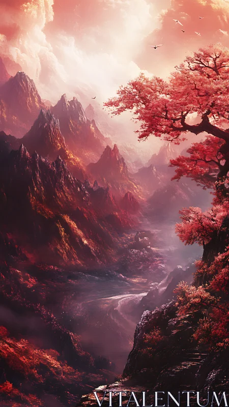 Vertically layered crimson valley with atmospheric depth mapping