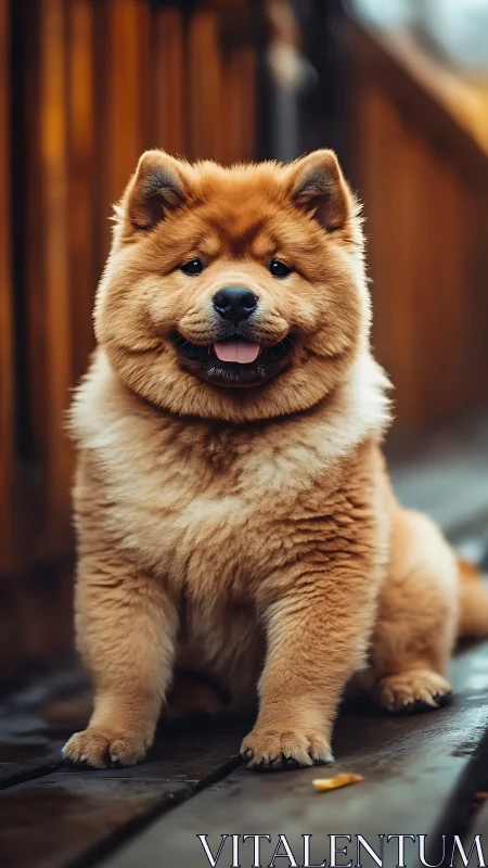 Fluffy chow chow puppy sitting on wooden walkway.