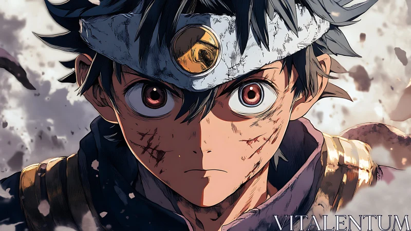 Battle-worn anime warrior with headband in close focus.