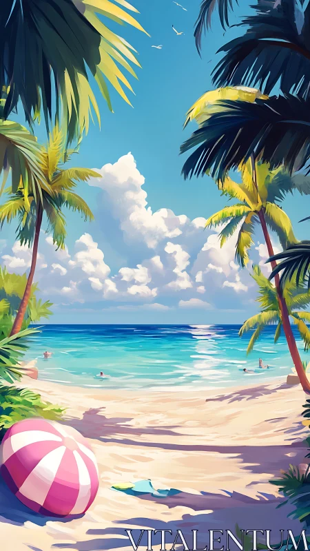 Tropical Beach Paradise with Palm Trees and Umbrella.