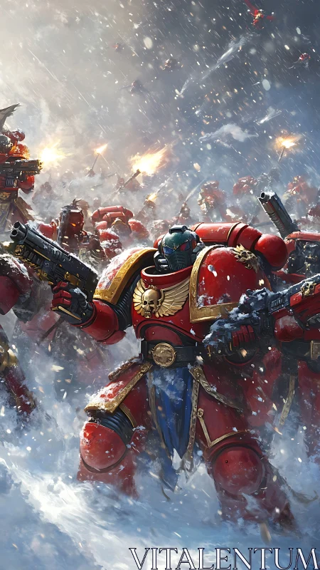 Armored space marines advance through blizzard under heavy fire