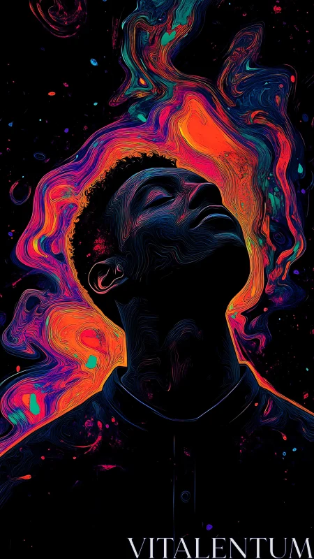 Neon fluid portrait silhouette with swirling chromatic nebula