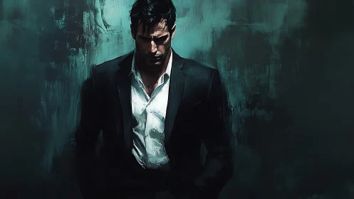 Brooding man in suit stands alone in moody teal shadows.