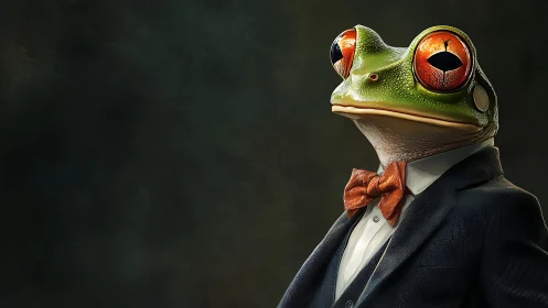 Formal frog portrait in tuxedo with orange bow tie.
