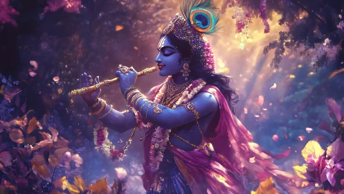 Radial backlighting sculpts blue-skinned flute player amid florals