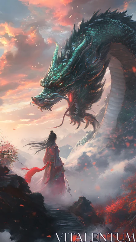 Atmospheric convergence of emerald dragon and crimson wanderer.