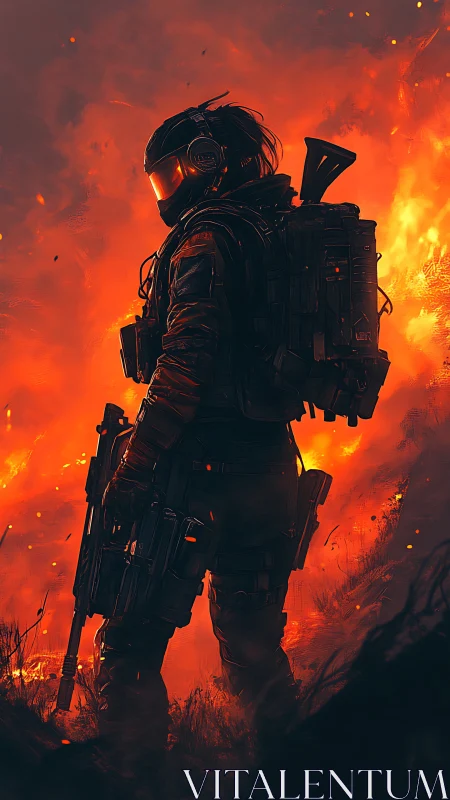 Lone futuristic soldier glowing against a blazing firestorm.