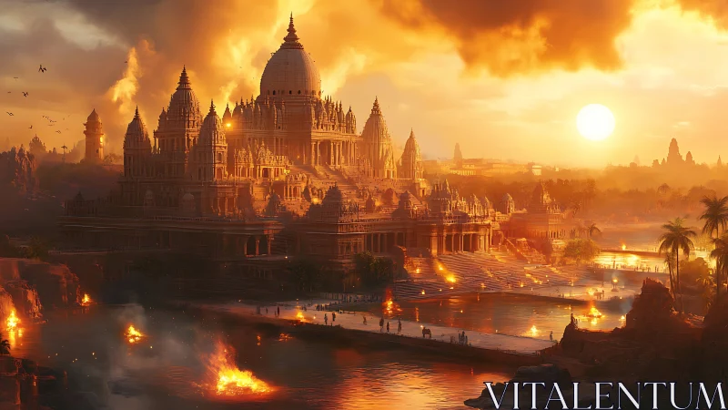 Sunlit temple metropolis renders monumental sacred architecture