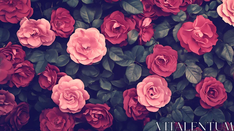 Pink and Red Roses Flourishing in Natural Garden Setting.