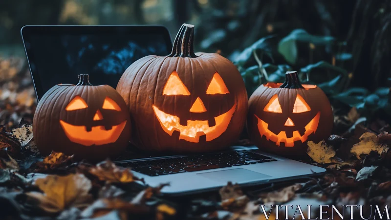 Carved jack-o-lanterns arranged on laptop in leaf litter.