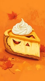 Pumpkin pie slice with whipped cream and leaf accents.