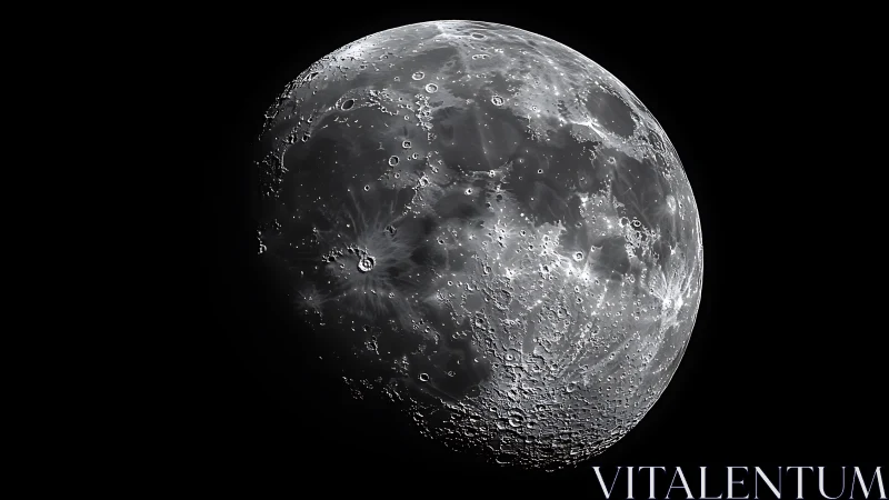 Luminous cratered moonface drifting in velvet-black silence.