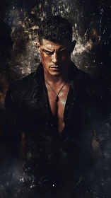 Digital painting of brooding male figure in dramatic chiaroscuro.