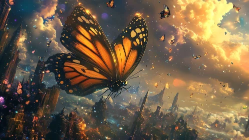 Giant monarch butterfly soars above luminous fantasy city