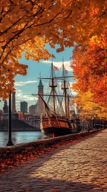 Tall ship moored on riverside under saturated autumn foliage glow