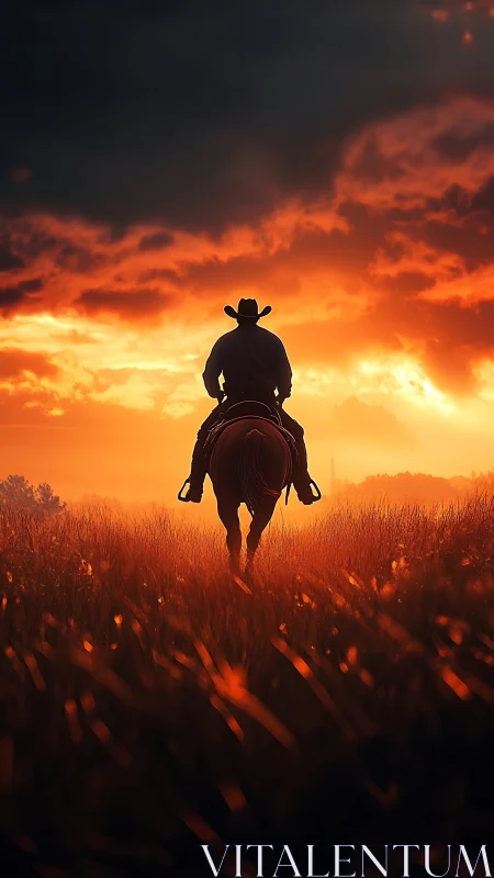 Lone cowboy rides calmly into a glowing prairie sunset