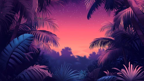 Neon Tropics Dreaming: Palm Fronds Frame A Sunset's Electric Lullaby.