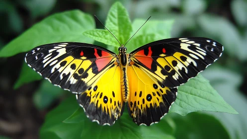 Macro study of tropical butterfly symmetry on foliage.