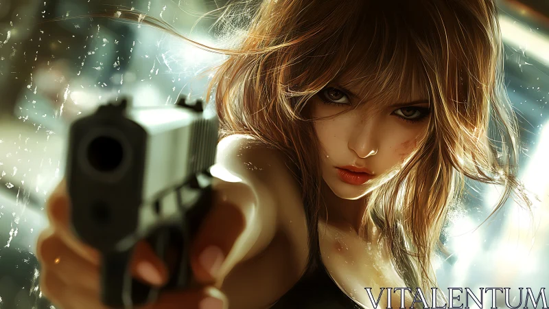 Dynamic close-up of armed woman rendered in high-detail anime realism