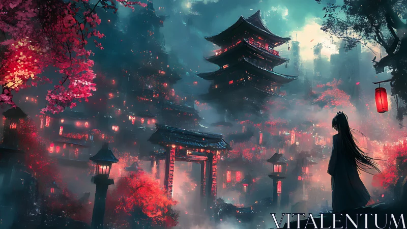 Nocturnal neon pagoda city under spectral cyan atmosphere.