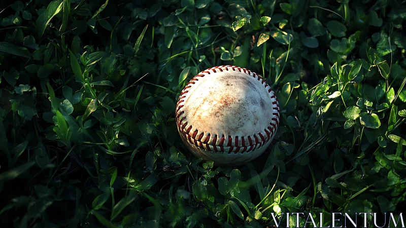 Used baseball resting on dark green grass in evening light.