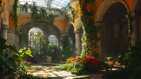 Overgrown sunlit courtyard with lush flowering plants.