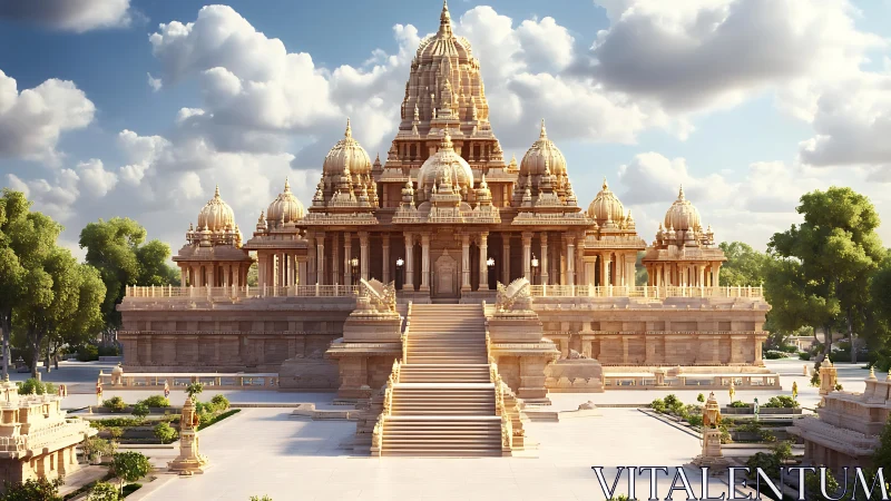 Sunlit stone temple complex exhibits detailed layered domes